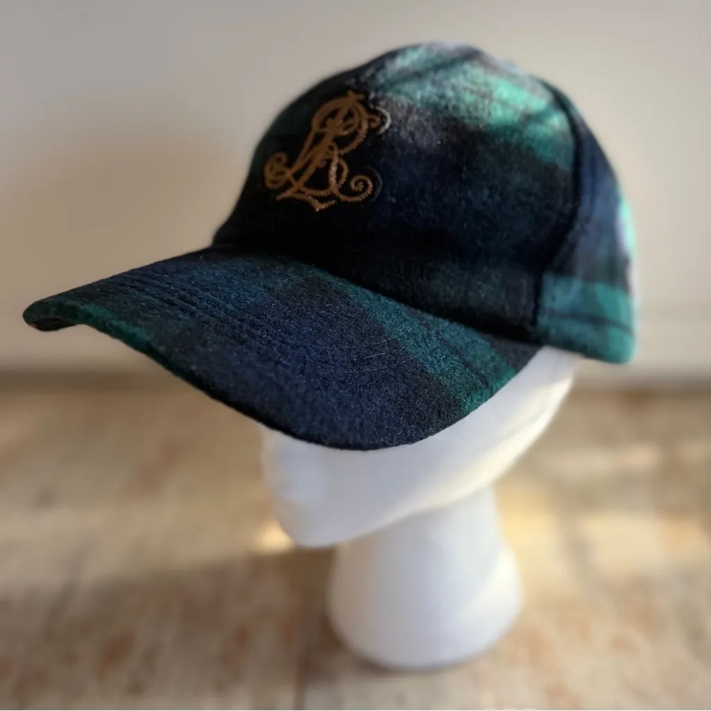 Lauren Ralph Lauren Green Tartan Plaid Wool Baseball Cap Gold Script Logo Preppy - Image 3