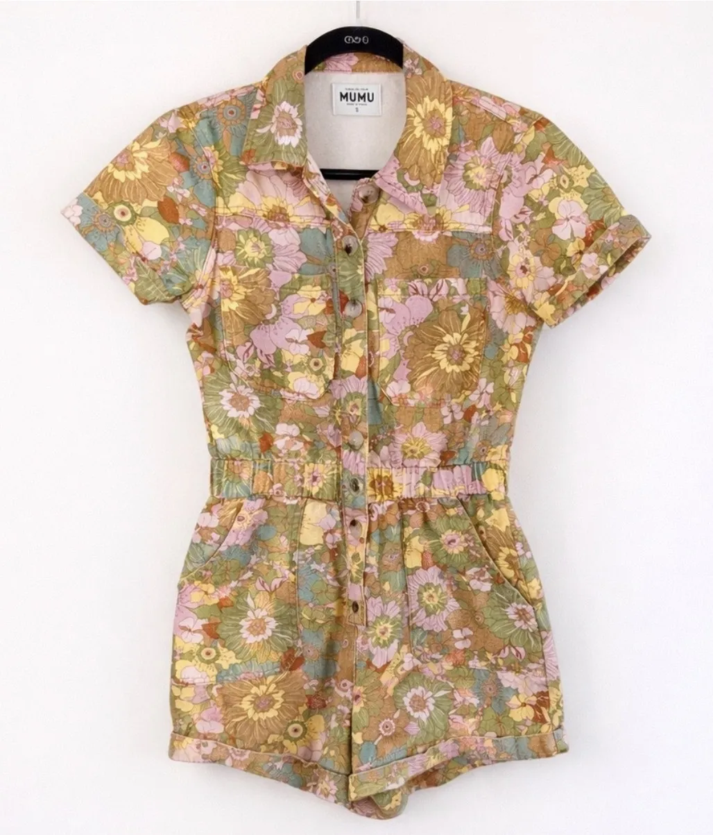 SHOW ME YOUR MUMU Cannon Romper Groovy Blooms Floral Denim | Size Small - Image 2
