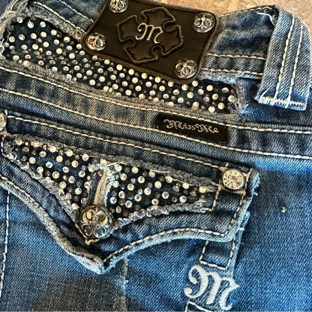 Miss Me Distressed Straight Jean Buckle Exclusive Rhinestone Button Flap Pockets - Image 3