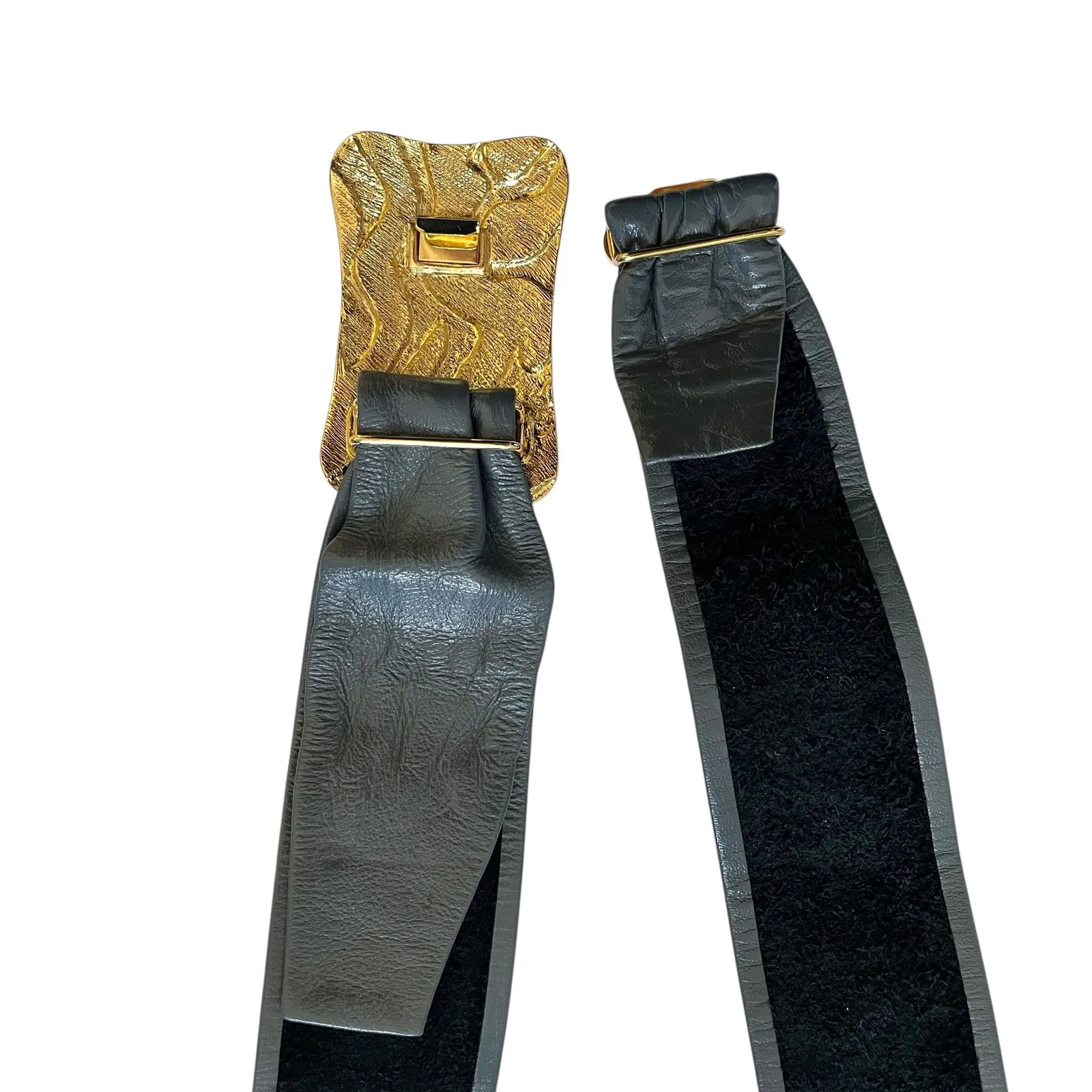 St John Vintage Gray Leather Gold-Tone Abstract Buckle Statement Cinch Belt - Image 5