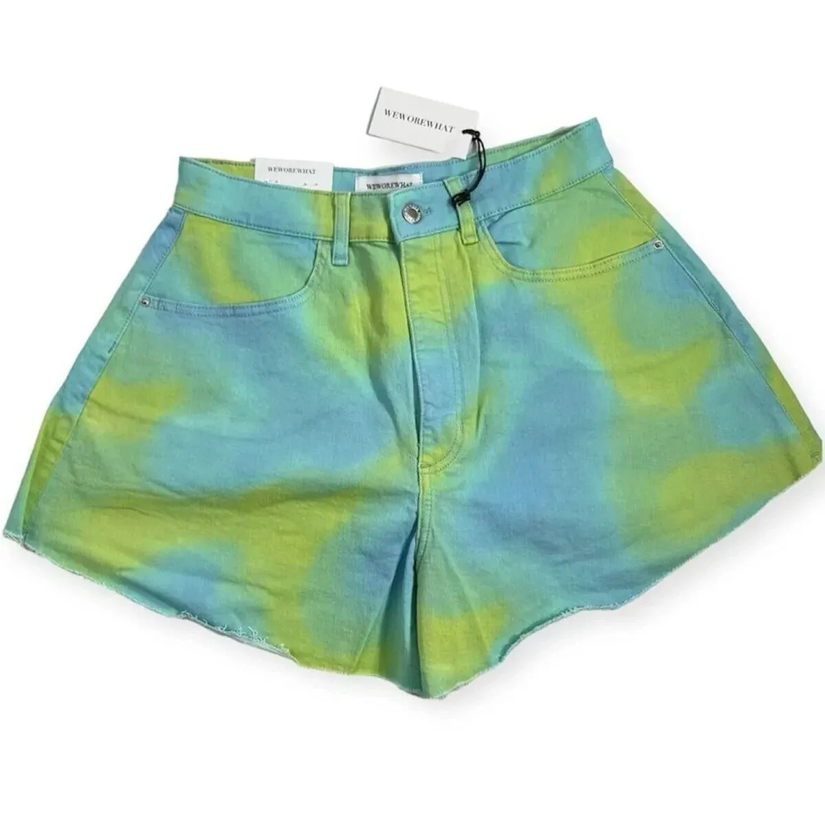 WEWOREWHAT Flare Bell Shorts in Green/Blue Tie-Dye Stretch Twill Denim Sz 28 NWT - Image 3