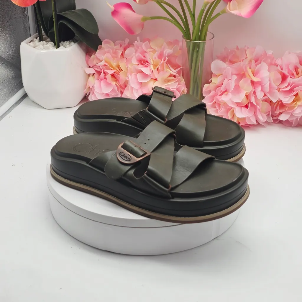 Chaco Townes Slide Midform Leather Platform Sandals In Green Olive Night Size 10 - Image 10