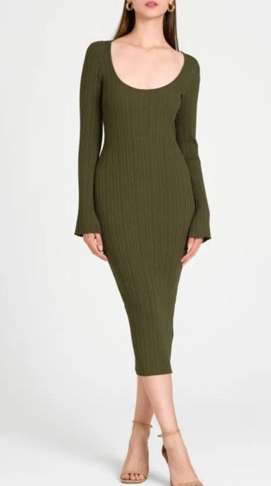 WAYF Alexi Long Sleeve Rib Midi Dress Olive - Image 8