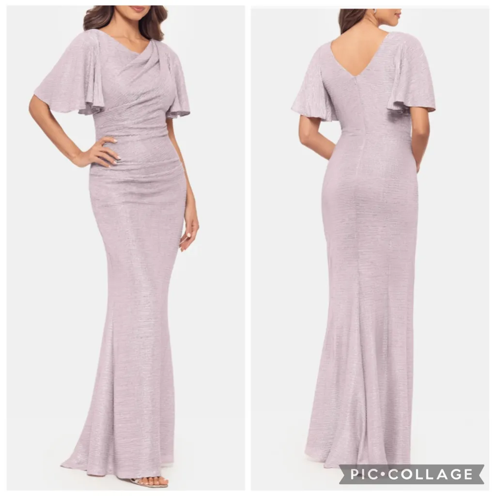 Betsy & Adam Quicksilver Flutter Sleeve Trumpet Gown Pink Silver 14 - Image 2