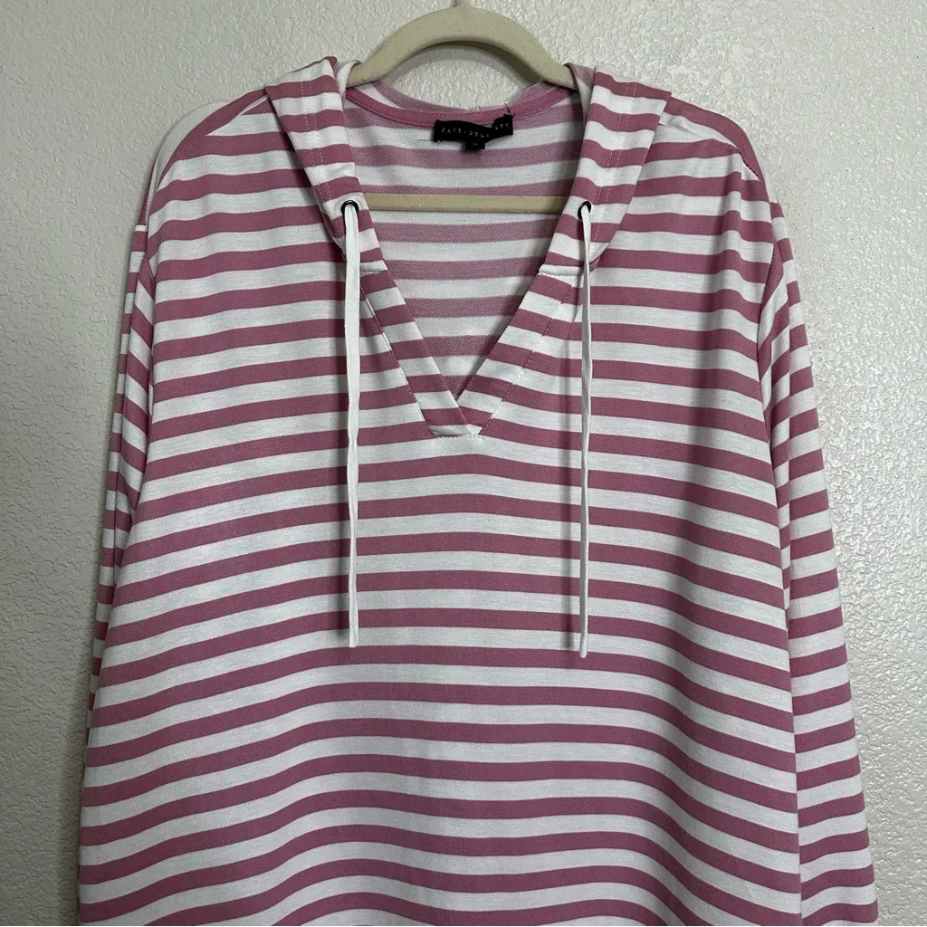 Jane and Delancey Pink and White Striped V-neck Hoodie Tunic Sweatshirt, Size 1X - Image 3