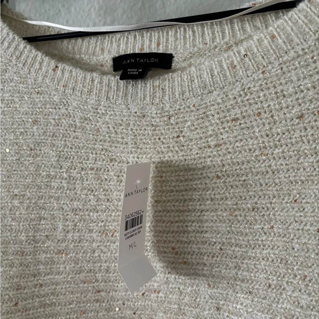 Ann Taylor Cream Boatneck Knit Poncho with Gold Shimmer Size M/L NWT - Image 4