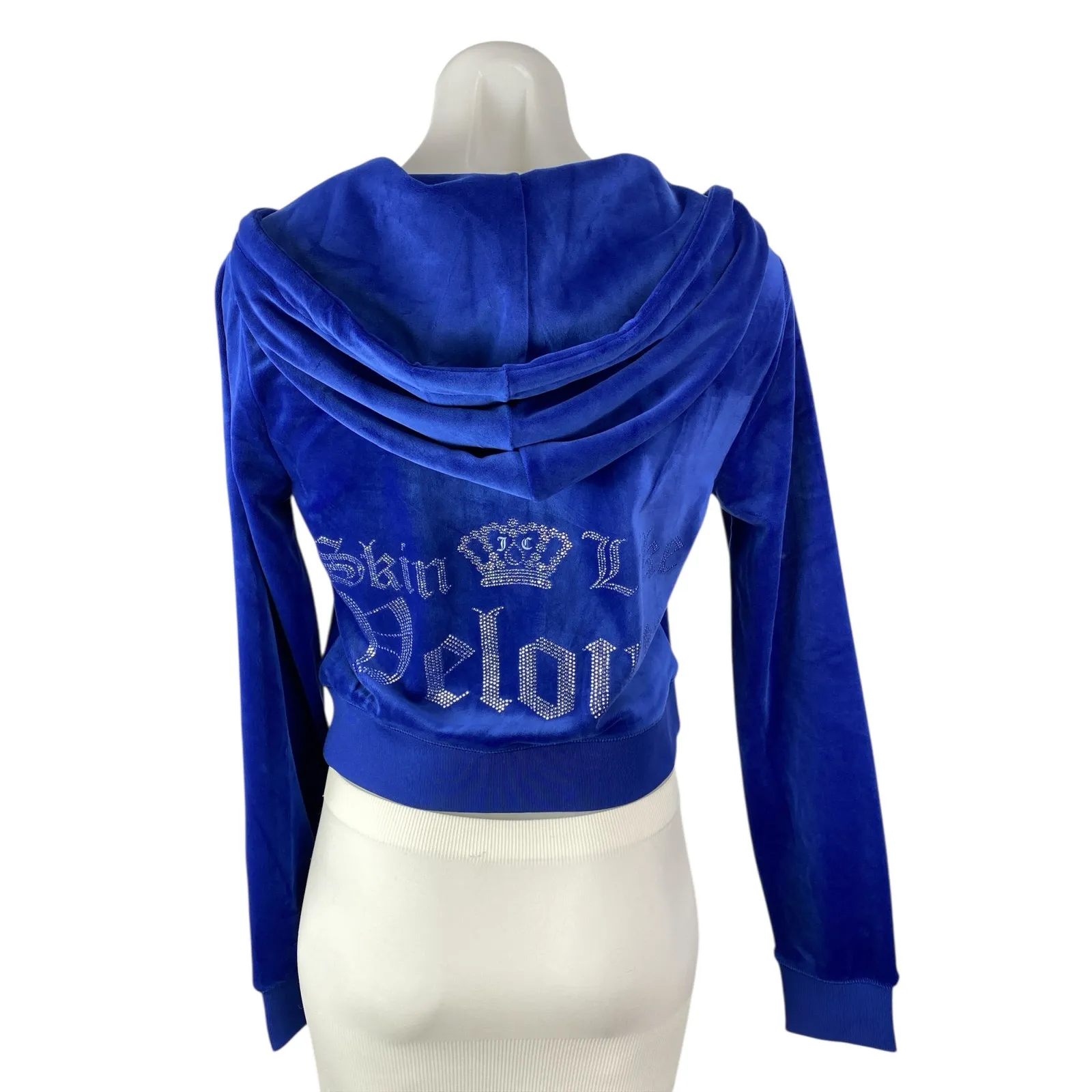 NEW Juicy Couture Blue Rhinestone Velvet Velour Hoodie Hooded Zip Sweatshirt S - Image 2