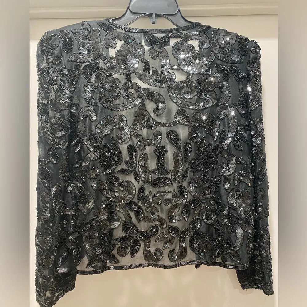 Vintage Robert Anthony Women’s Black Silk Sequined Cropped Jacket Blazer - Image 3