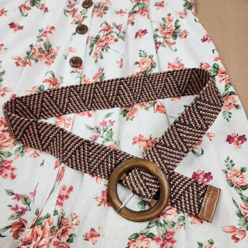 Mind Code Cotton Mini Dress Floral Cream Belted Wooden Button Size M Orange Size M - Image 16