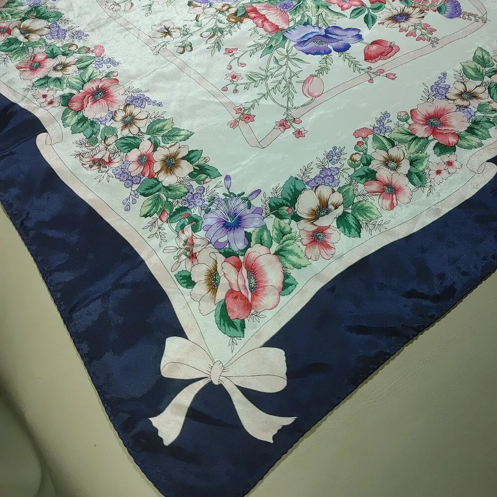 Flowers Floral Print Satin Square Scarf 30 by 30 Navy Border Bow Design - Image 9