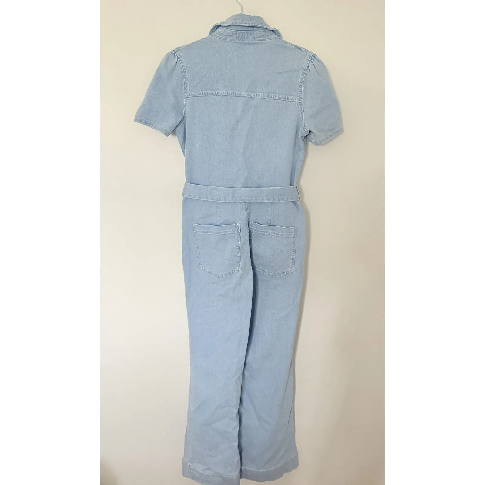 Avec Les Filles Denim Blue Wide Leg Belted Short Sleeve Fitted Jumpsuit Sz 29 - Image 3