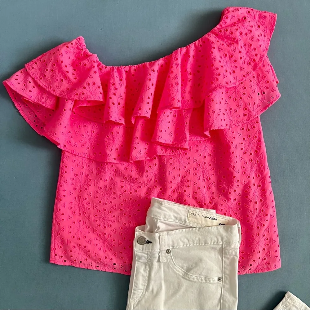 Lilly Pulitzer Trixie Pink Raz Berry Neon Sunburst Eyelet One Shoulder Top - Image 4