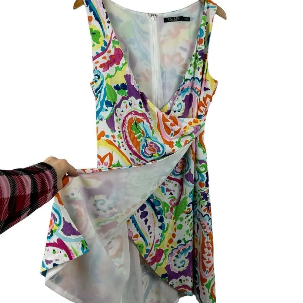 Lauren Ralph Lauren Purple Multi Paisley Faux Wrap Midi Crepe Dress Size 6 Job - Image 7