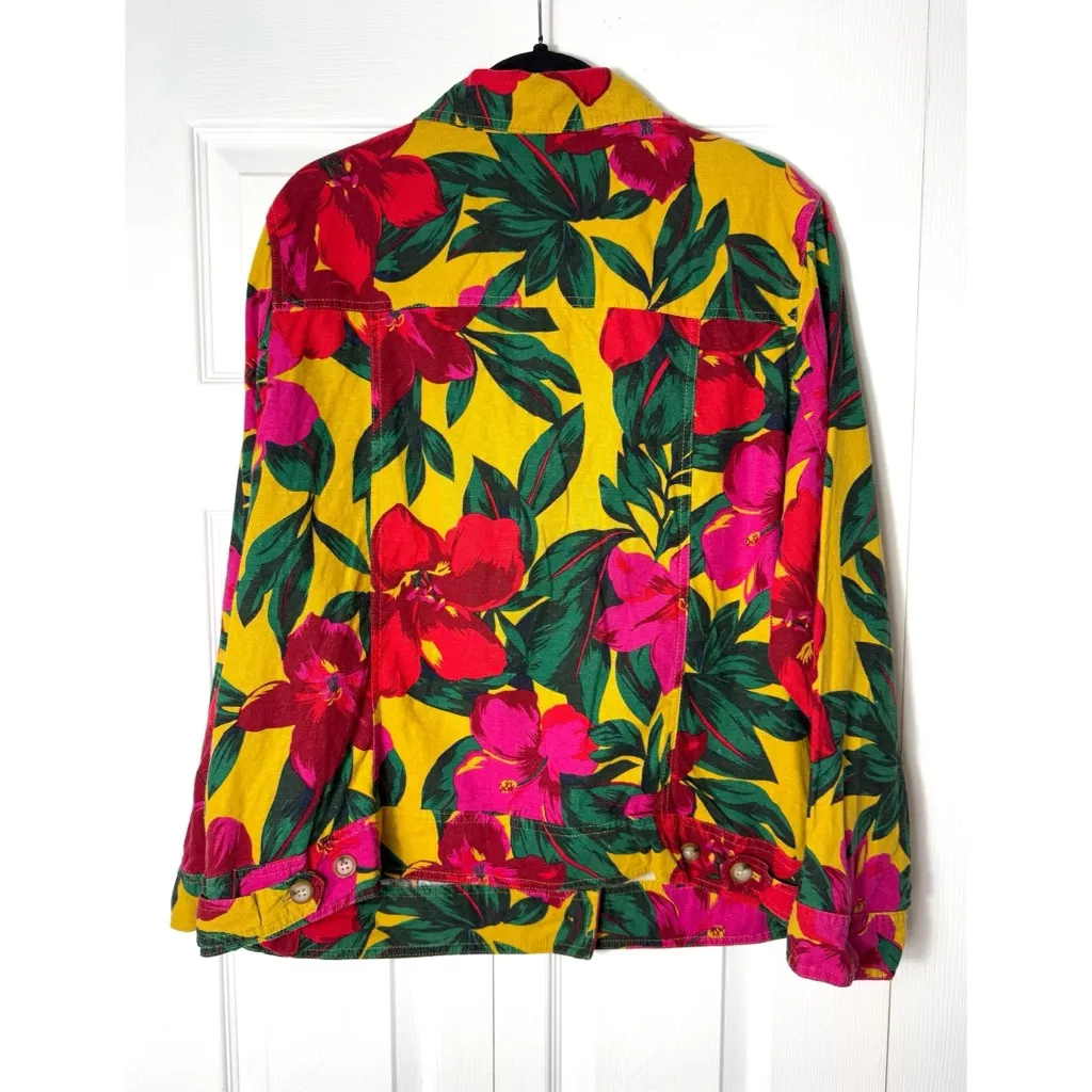 Tahari Linen Blend Tropical Floral Jacket Yellow Pink Green Button Front 1X - Image 4