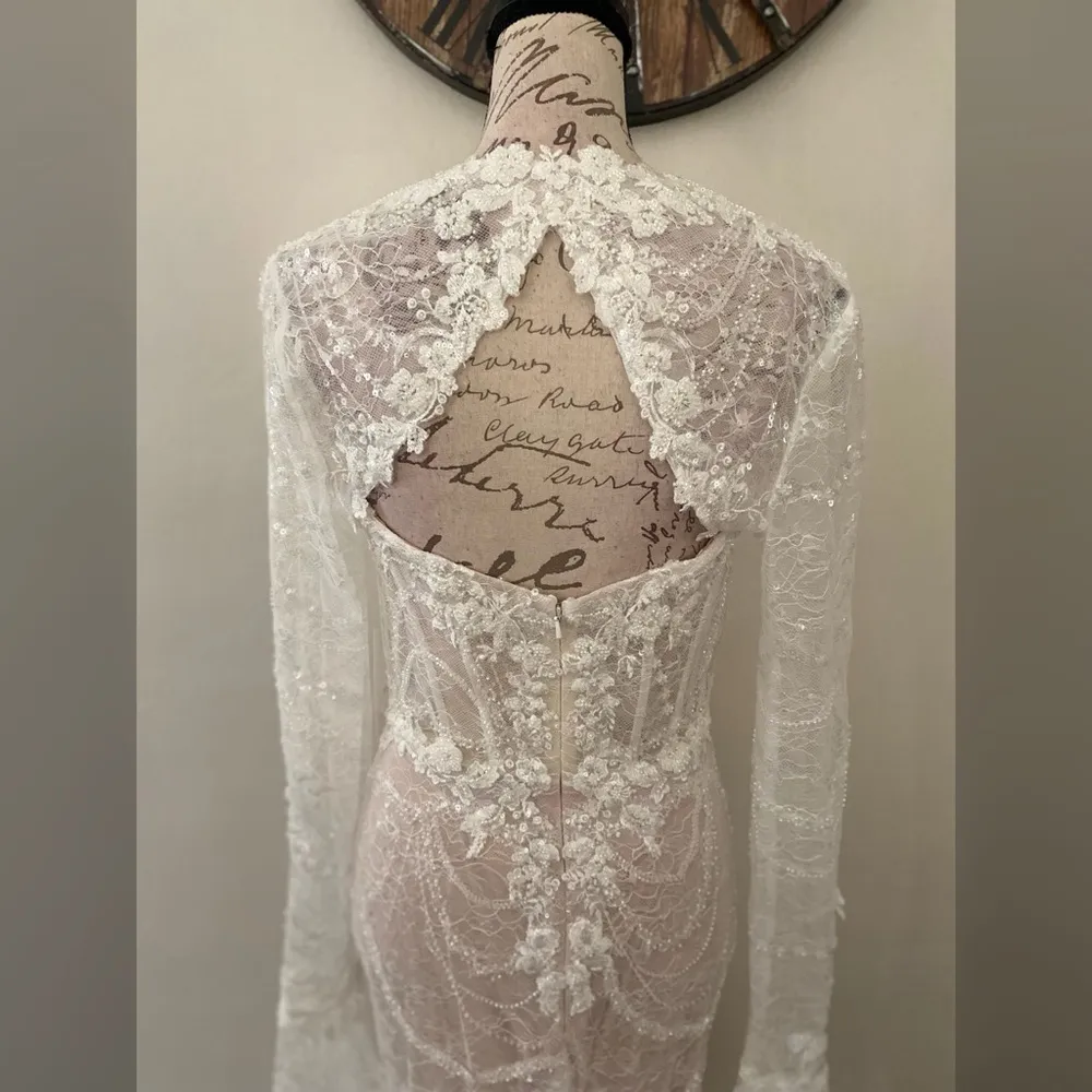 Beaded long sleeve sparkly wedding dress, reception or elopement gown White Size 10 - Image 6