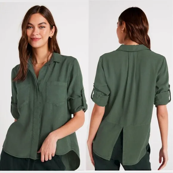 Bella Dahl Shirt Womens S Green Split Back Button Tencel Roll Up Sleeve Utility - Image 2