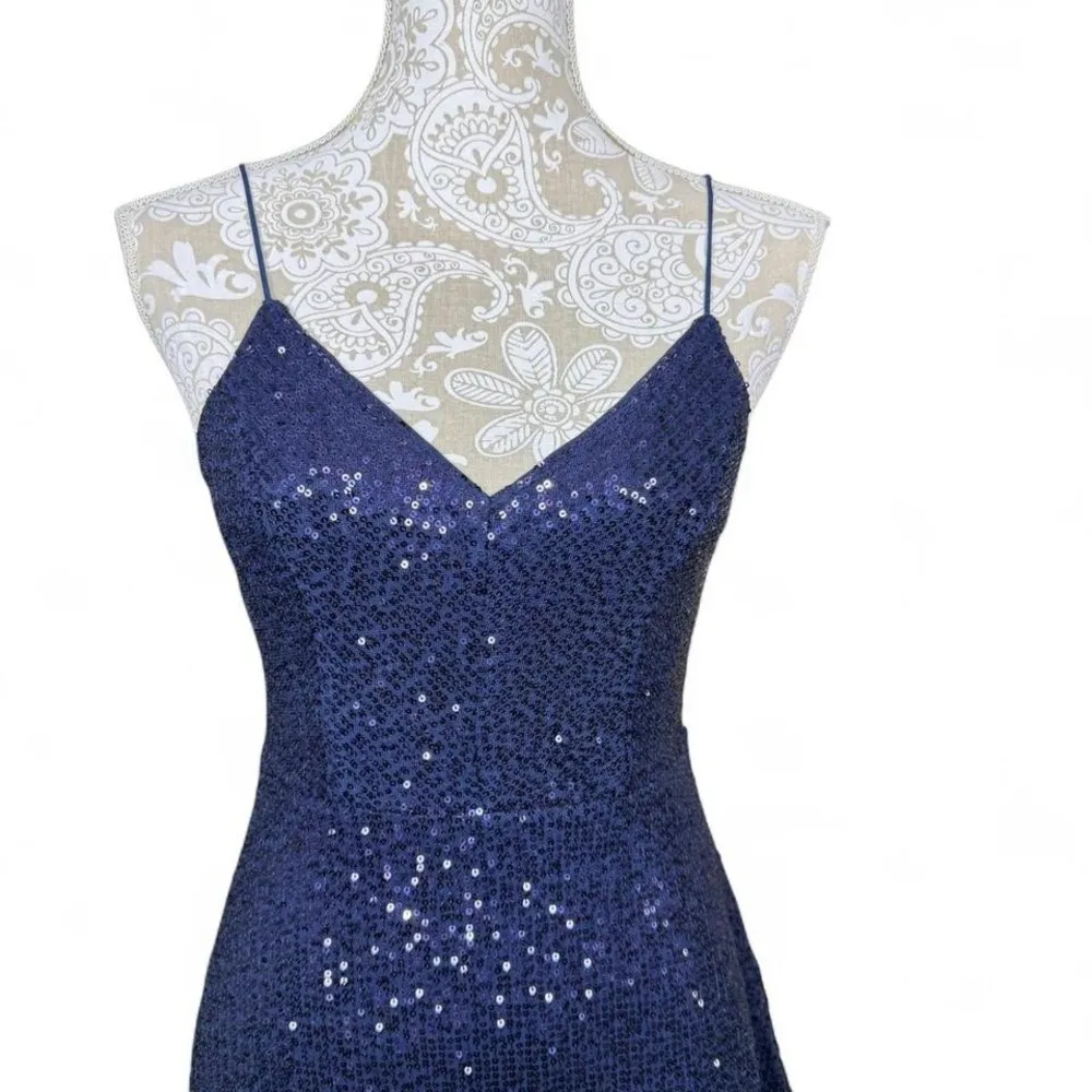 Lulu's Navy Blue Sequined Holiday Cocktail Mini Dress Size Small Glam New Years - Image 2