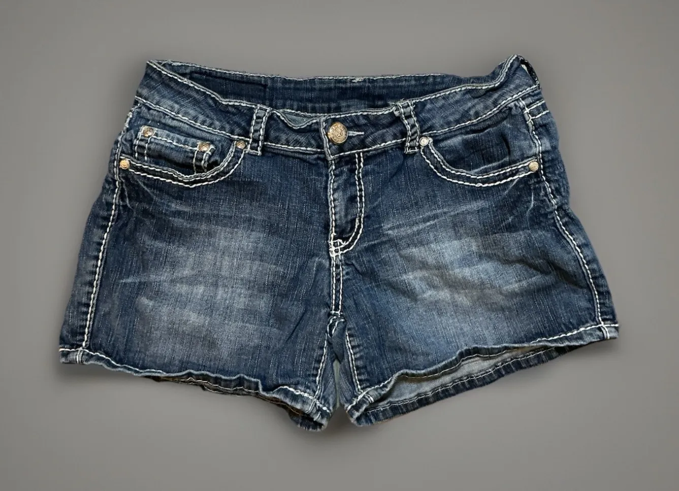 Denim Couture Denim Shorts Embellished Pockets Rhinestone Sequin Dark Wash - Image 1