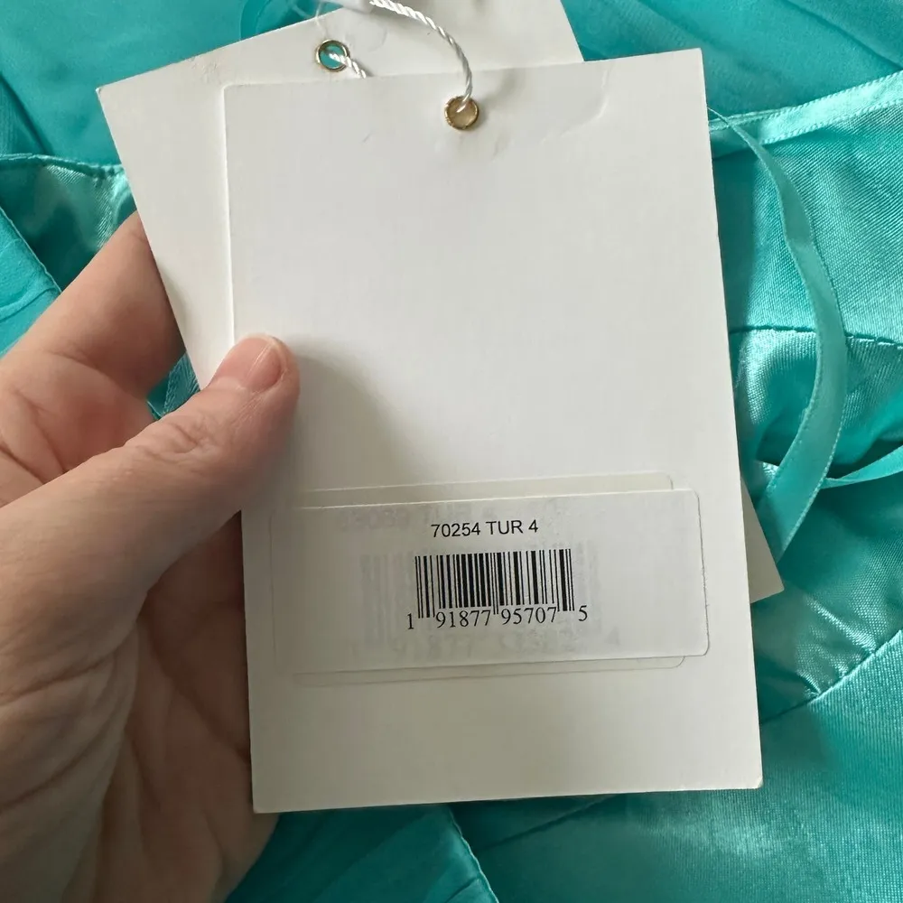 NEW Mac Duggal Ruched Ruffled Shoulder Cut Out Lace Up Gown Turquoise - Image 9