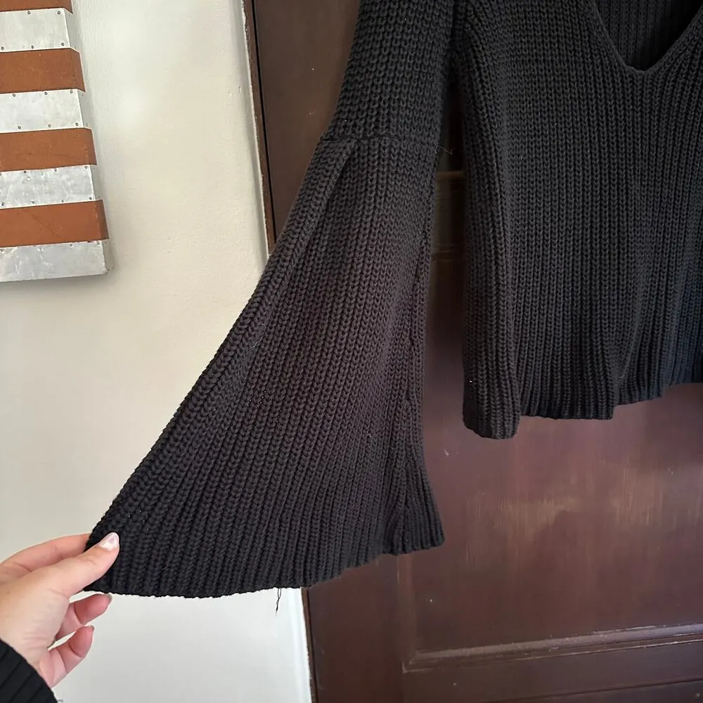 FREE PEOPLE | Black Damsel Bell Sleeve V Neck Chunky Knit Sweater | Extra Small - Image 2