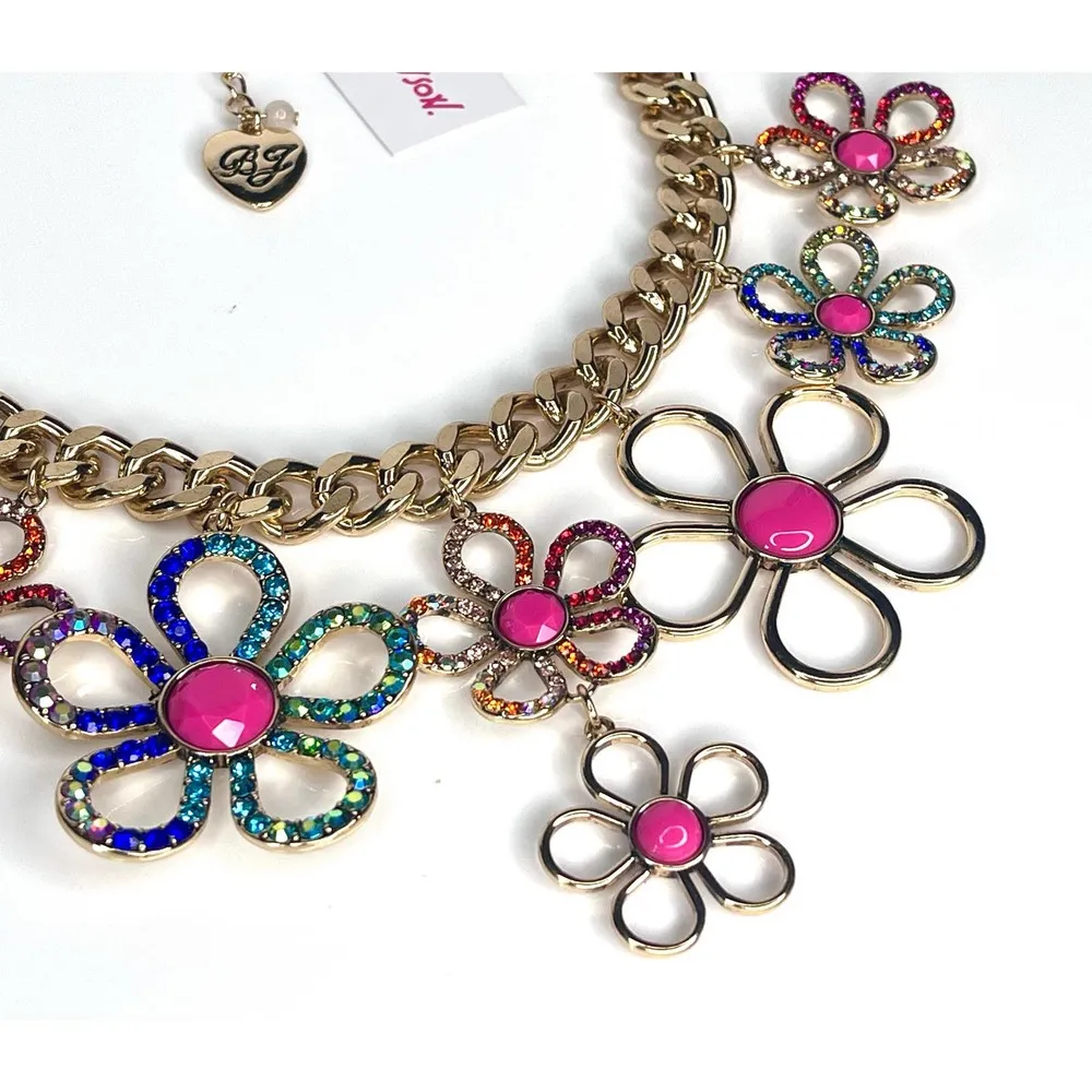 NEW Betsey Johnson FLOWER BIB NECKLACE Gold Tone Curb Chain Crystal Rhinestone - Image 4