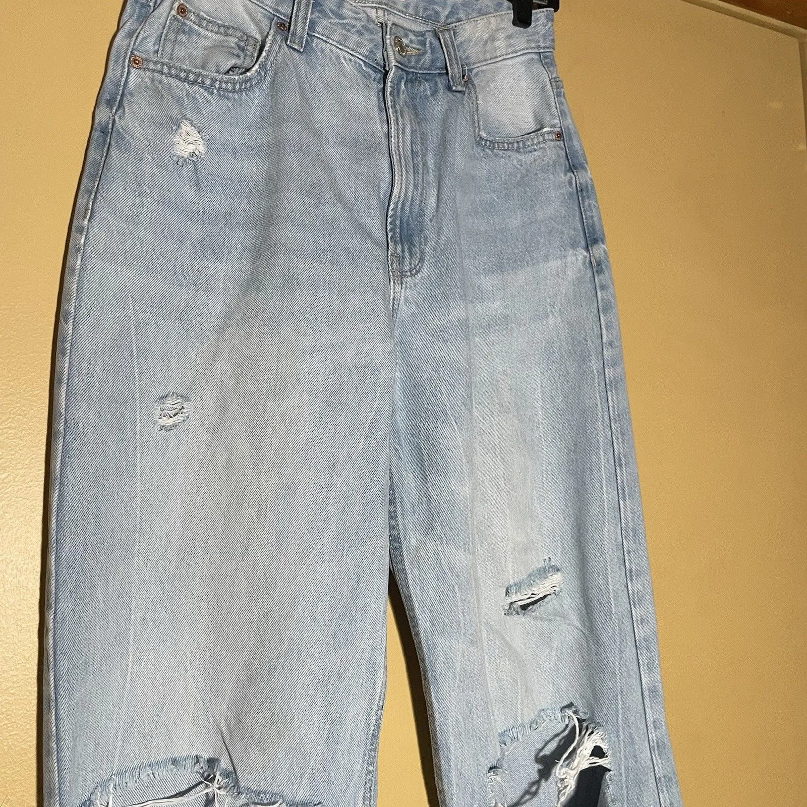 Bershka Jeans Womens 6 90s Wide Leg Distressed Light Wash Y2K Denim Grunge High - Image 4