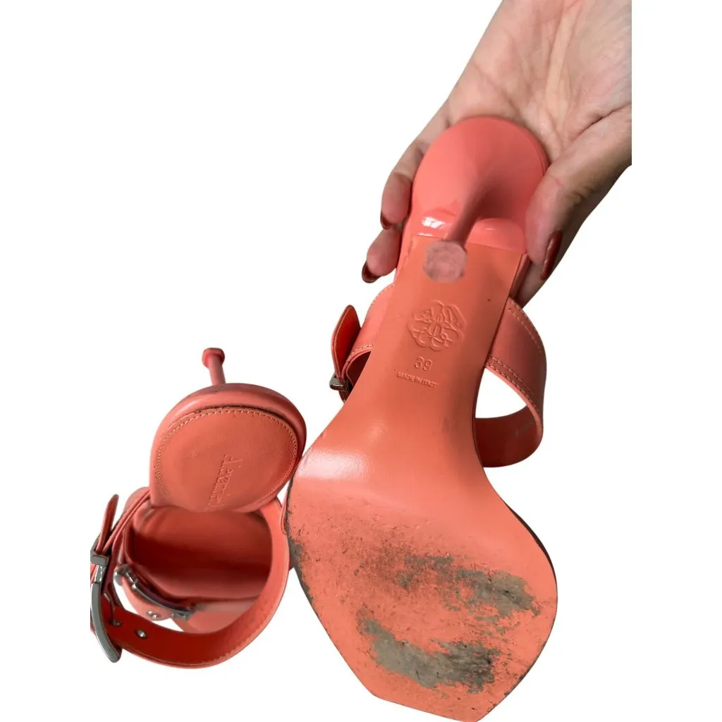 ALEXANDER MCQUEEN Boxcar 100mm Salmon Pink Si Leather Buckle Sandals Heels Size - Image 5