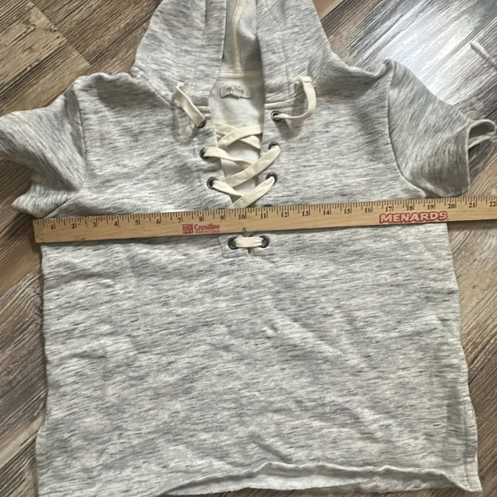 Madewell Short Sleeve Hoodie Sweatshirt‎ Womens Medium Heather Gray Lace Up - Image 3