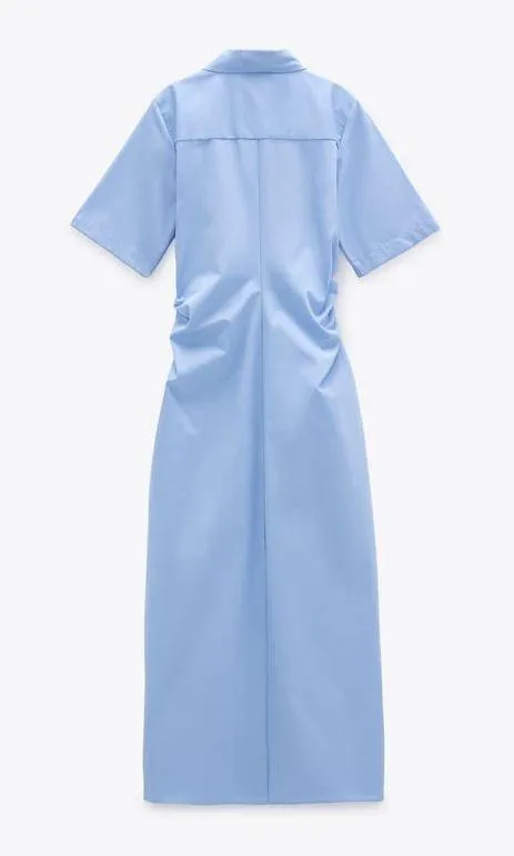 ZARA Blue Ruched Buttoned Slit Midi Dress - Image 4