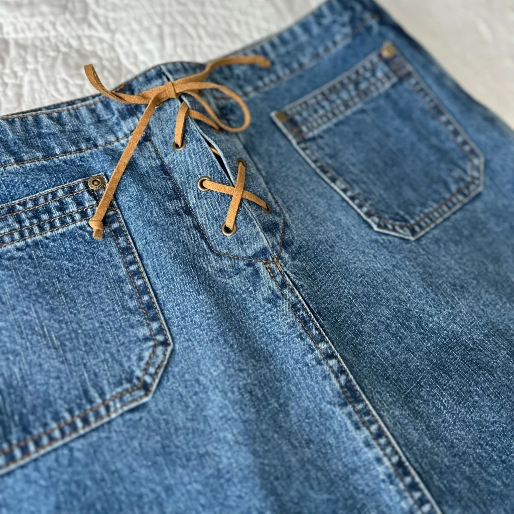 Covington Blue Denim Pencil Skirt with Tan Lace-Up - Image 2