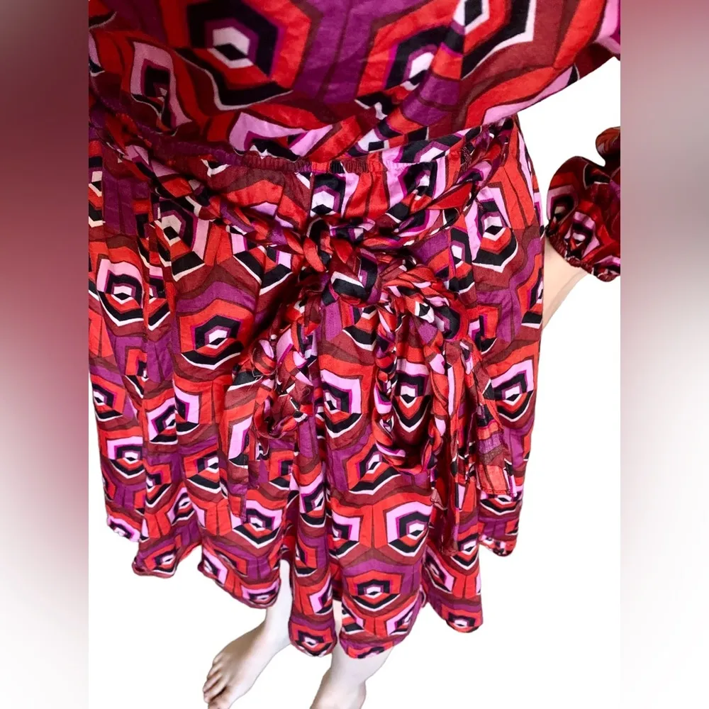 Skies are blue geometric print orange pink black braided cinch mini flare dress - Image 6