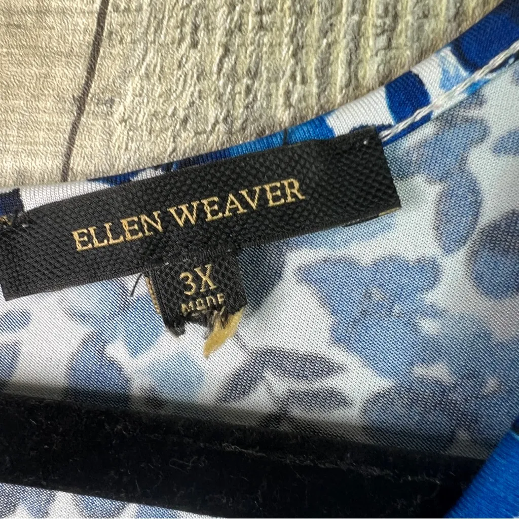 Ellen Weaver Size 3X White & Blue Floral Crewneck Short Bell Sleeve Blouse W/Zip - Image 4
