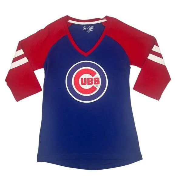 MLB Chicago Cubs Women's Distressed Logo 3/4 Sleeve Raglan T-Shirt in Blue, S - Image 1