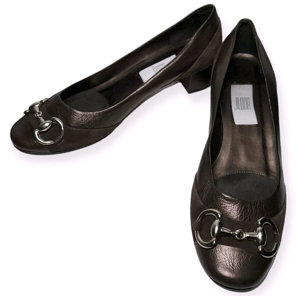 Jildor Women's Size 9 Brown Bronze Leather Suede Gold Horsebit Block Heels - Image 3