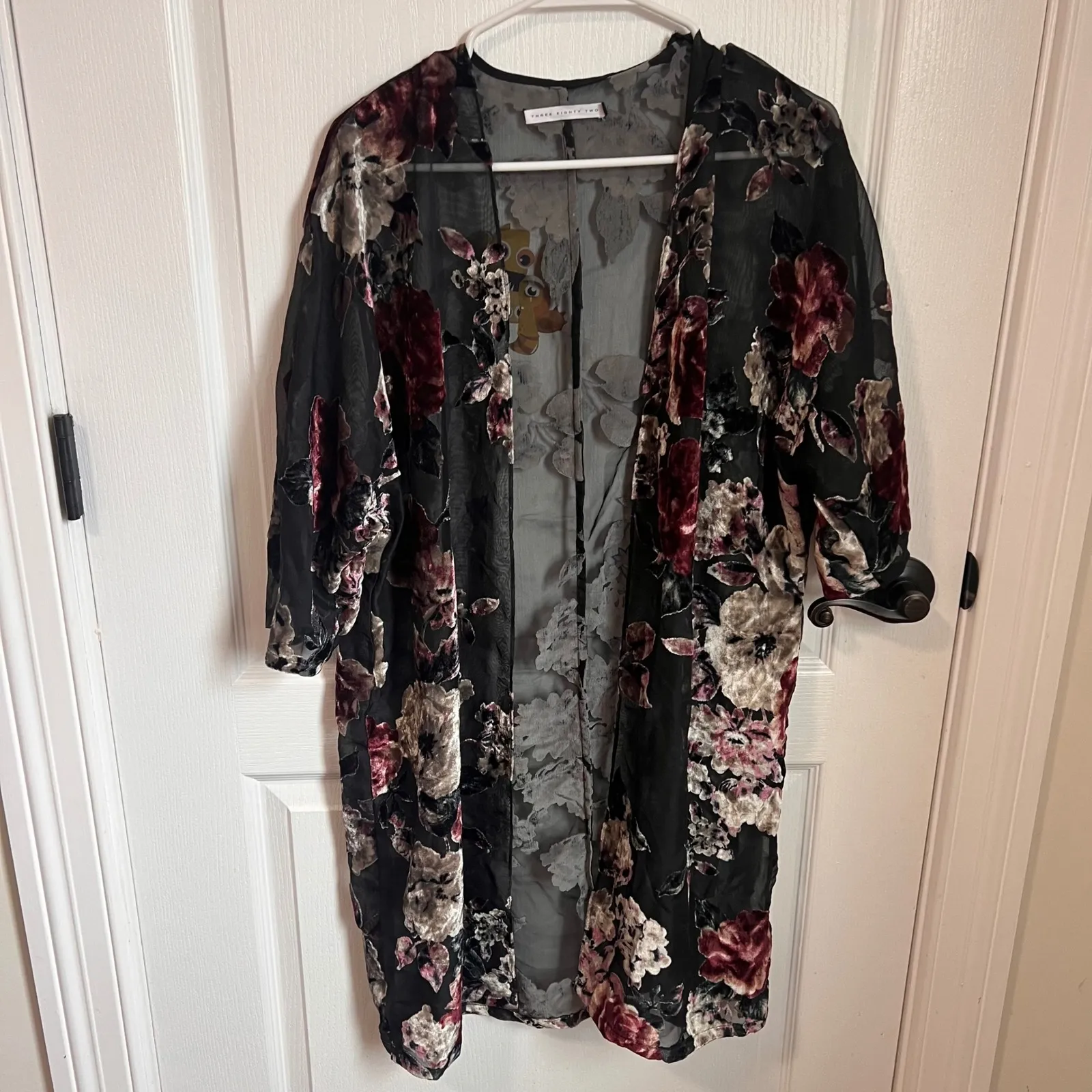 Three Eighty Two Black Floral Velvet Burnout Kimono Duster Cardigan Jacket M - Image 3