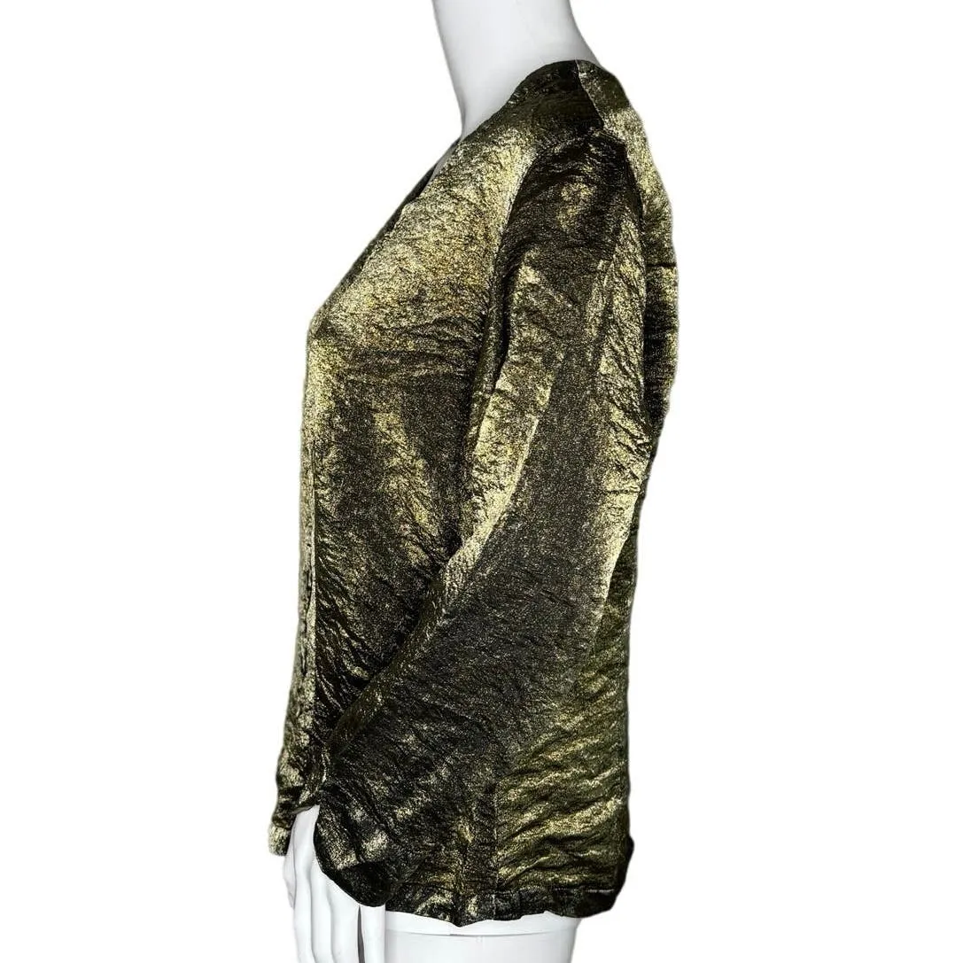 Cut Loose Shirt‎ Womens Medium Green Iridescent Button Up Crinkle Shimmer Artsy - Image 3