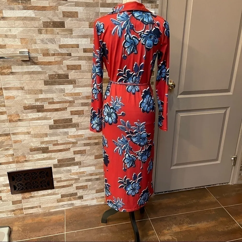 𝅺ZARA Womens Printed Midi Shirt Dress Red Blue Floral Long Sleeve Sz S - Image 6