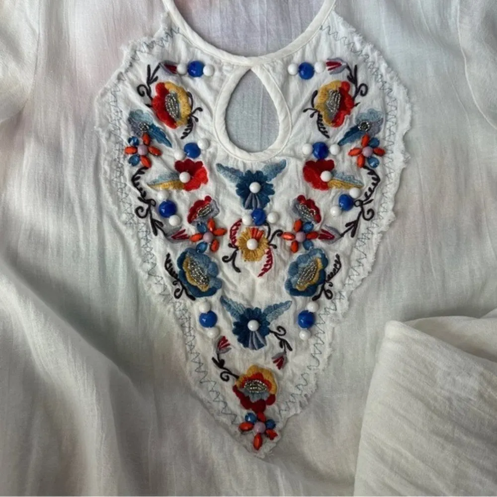 Missy Roberson White Gauze Lightweight Breathable Statement Neck Boho Beaded Size L - Image 5