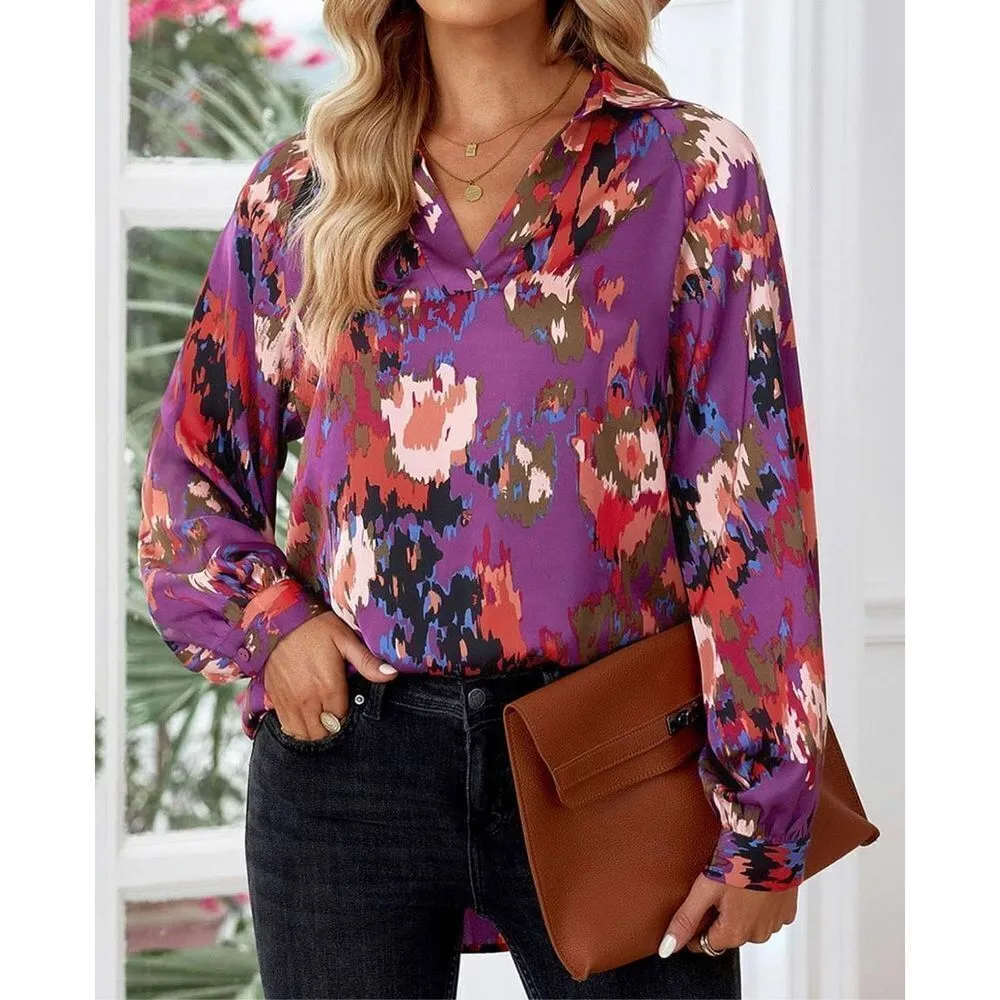 NEW Blouse Tops V Neck Lantern Long Sleeve Shirt XL Purple - Image 2