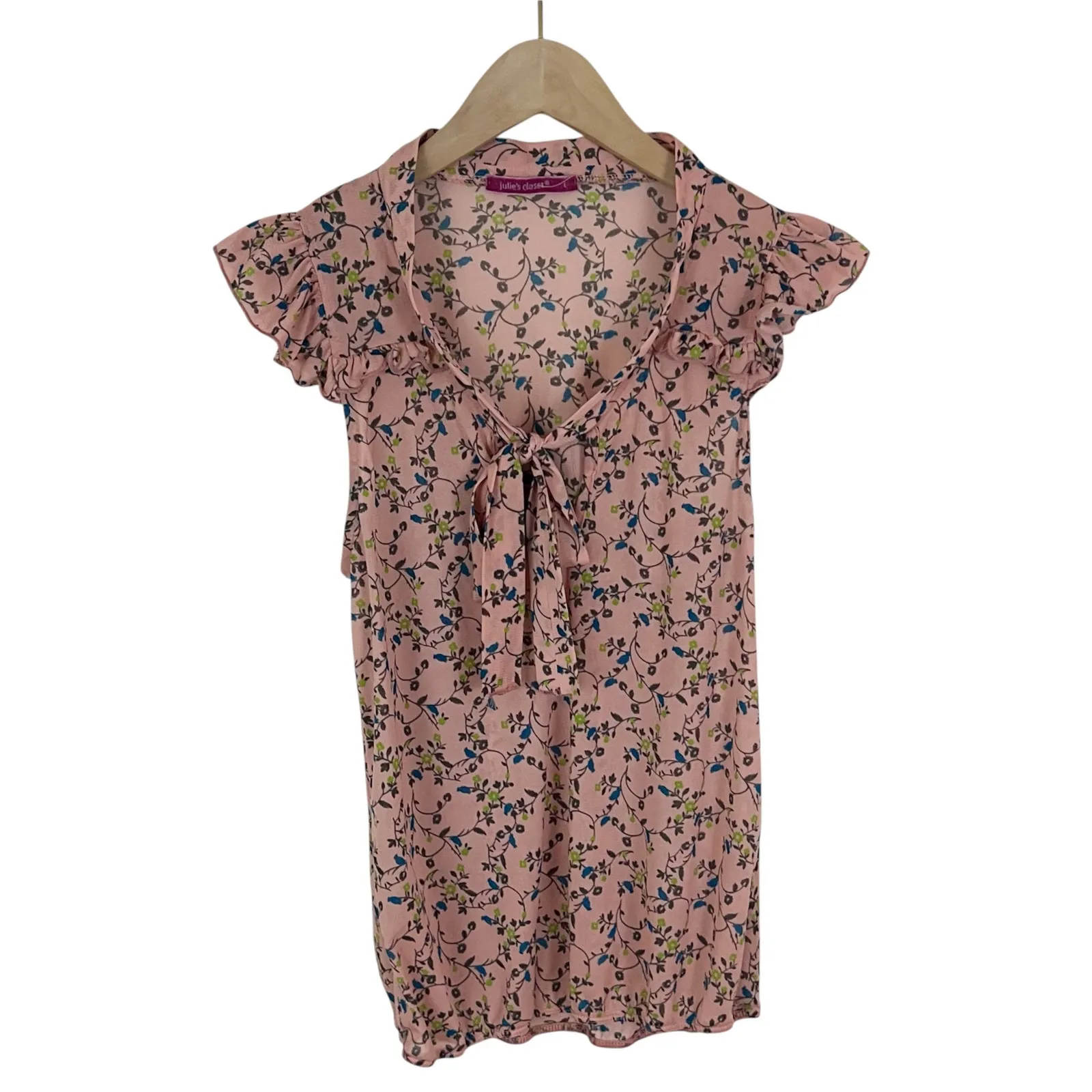 Vintage Y2K Julie's Closet Pink Floral Tie Front Top Blouse Size Large - Image 2