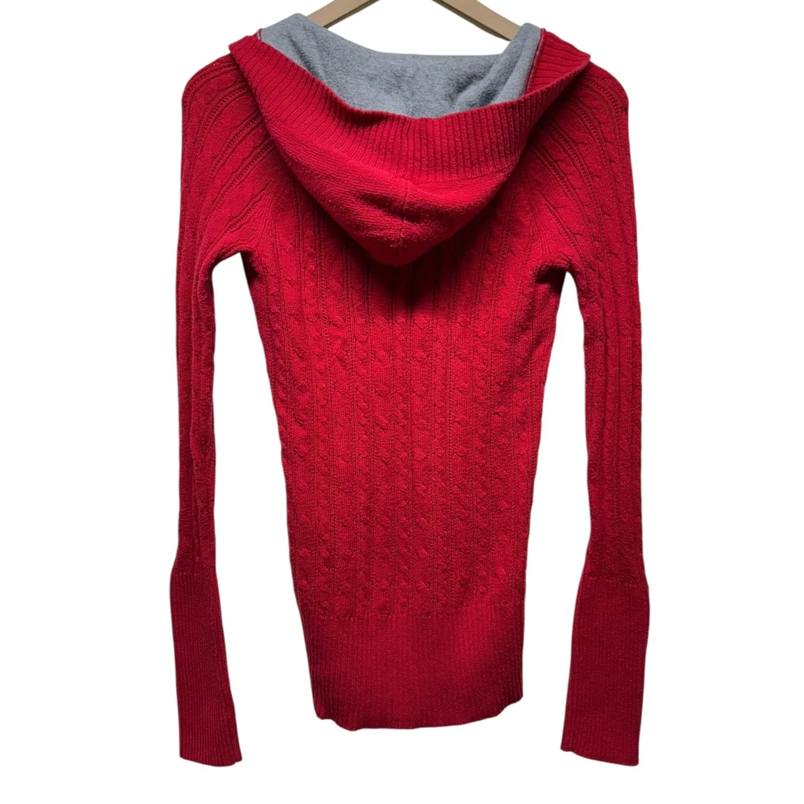 Vtg American Eagle Women Hooded Sweater Sz M Red Cable Knit Y2K‎ Preppy Bella - Image 2