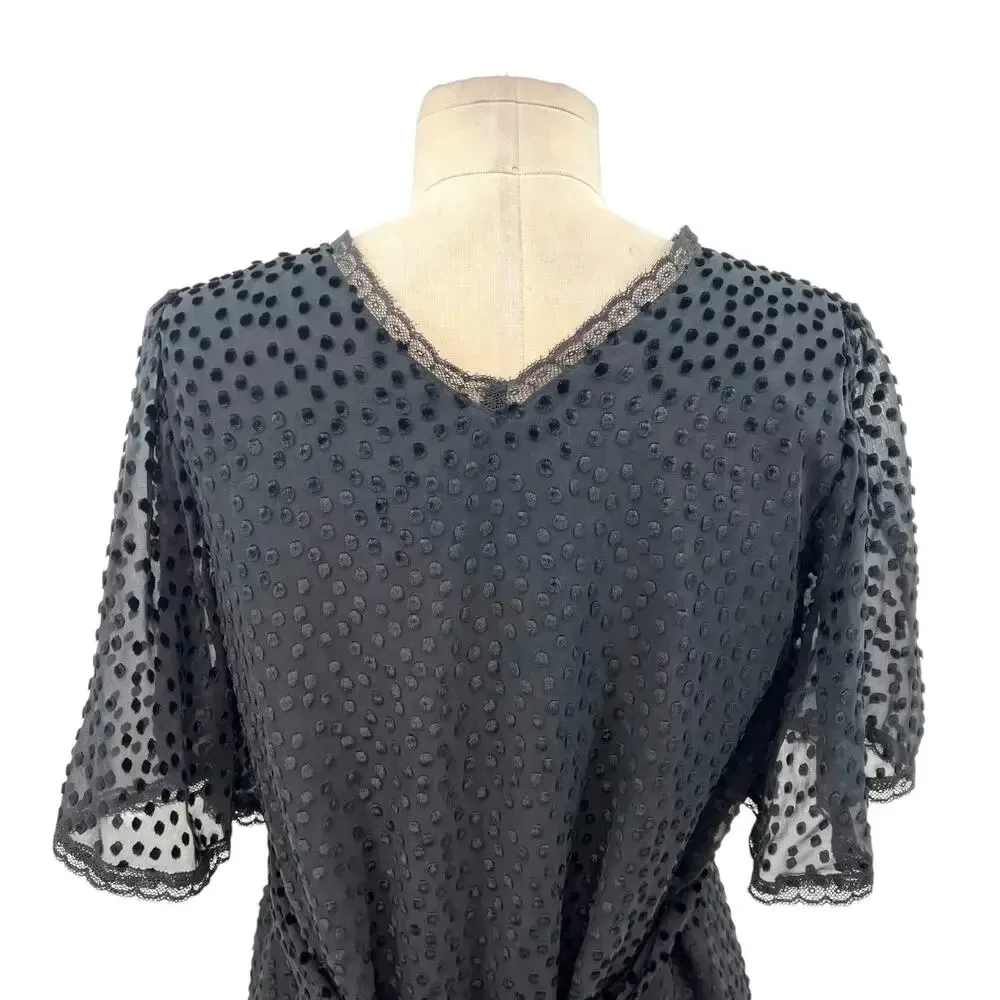 Betsey Johnson Vintage Black Swiss Dot Velvet‎ Flutter Sleeve Dress Size 4 - Image 10