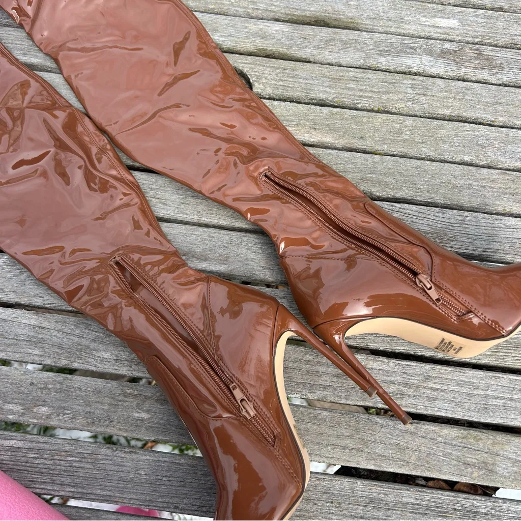 Steve Madden Patent Viktory Cognac‎ Pat Thigh High Over Knee Boots size 6.5 - Image 9