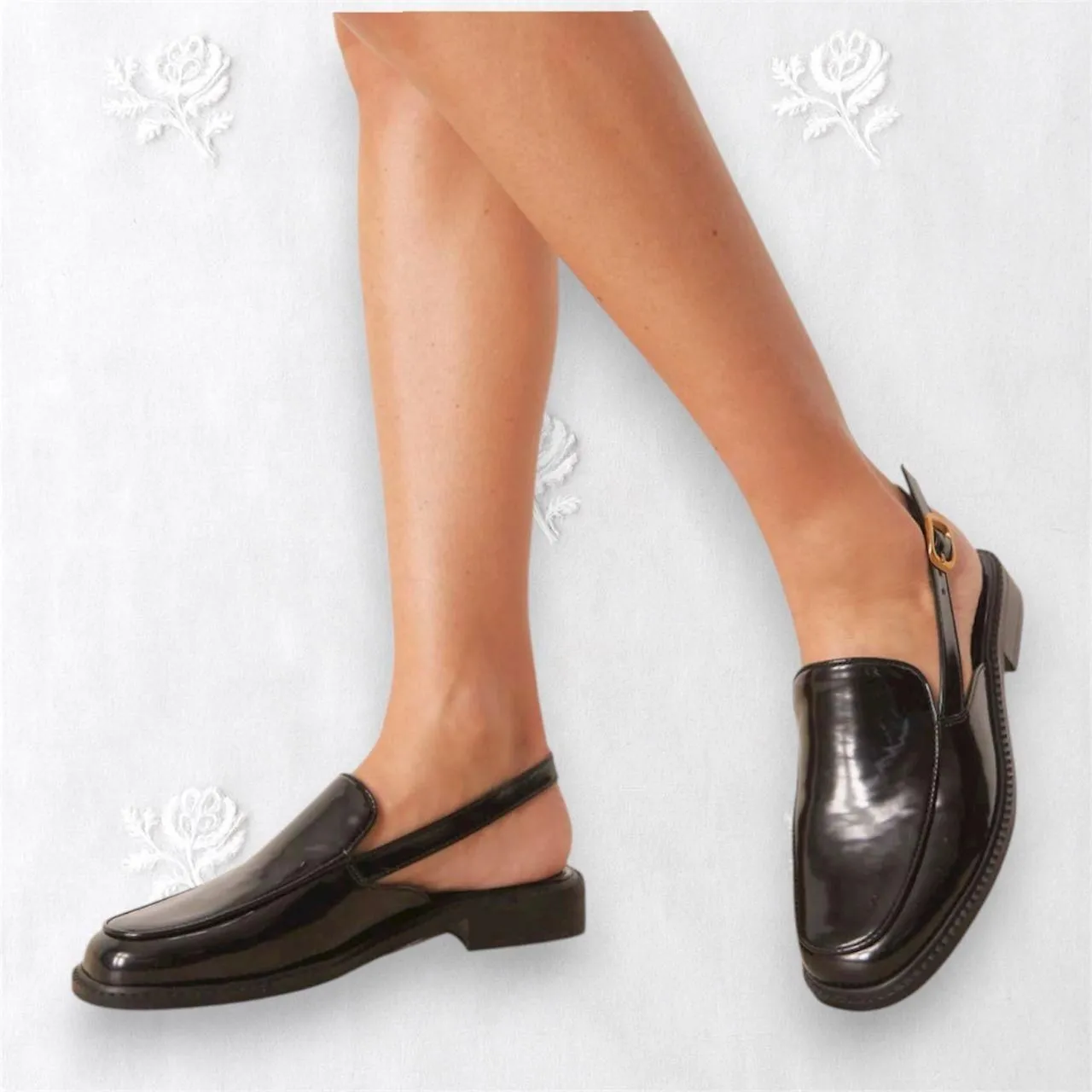 NEW ASOS Design Marcella Preppy Black Open Sling Back Gold Buckle Loafers US 8 - Image 2