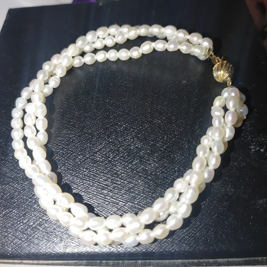 Bracelet 14K Gold Clasp Freshwater Baroque Pearl 3 Strand Vintage Stamped 6 inch - Image 6