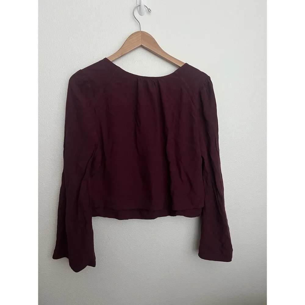 Free People Cropped Top V Neck Burgundy Bell Sleeve Flowy Romantic Valentine L - Image 3