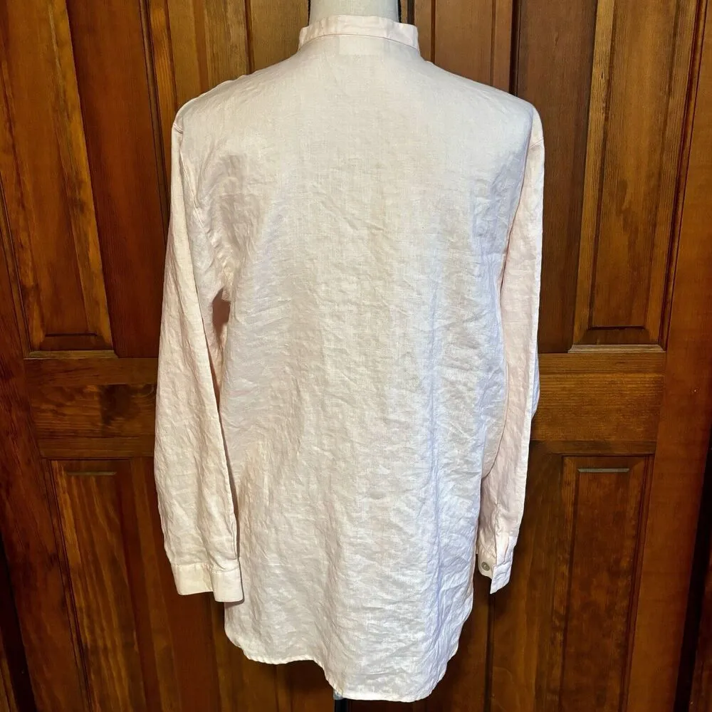 Rafaella Linen Button Down Shirt Pink Size Medium Collarless Work Casual - Image 3