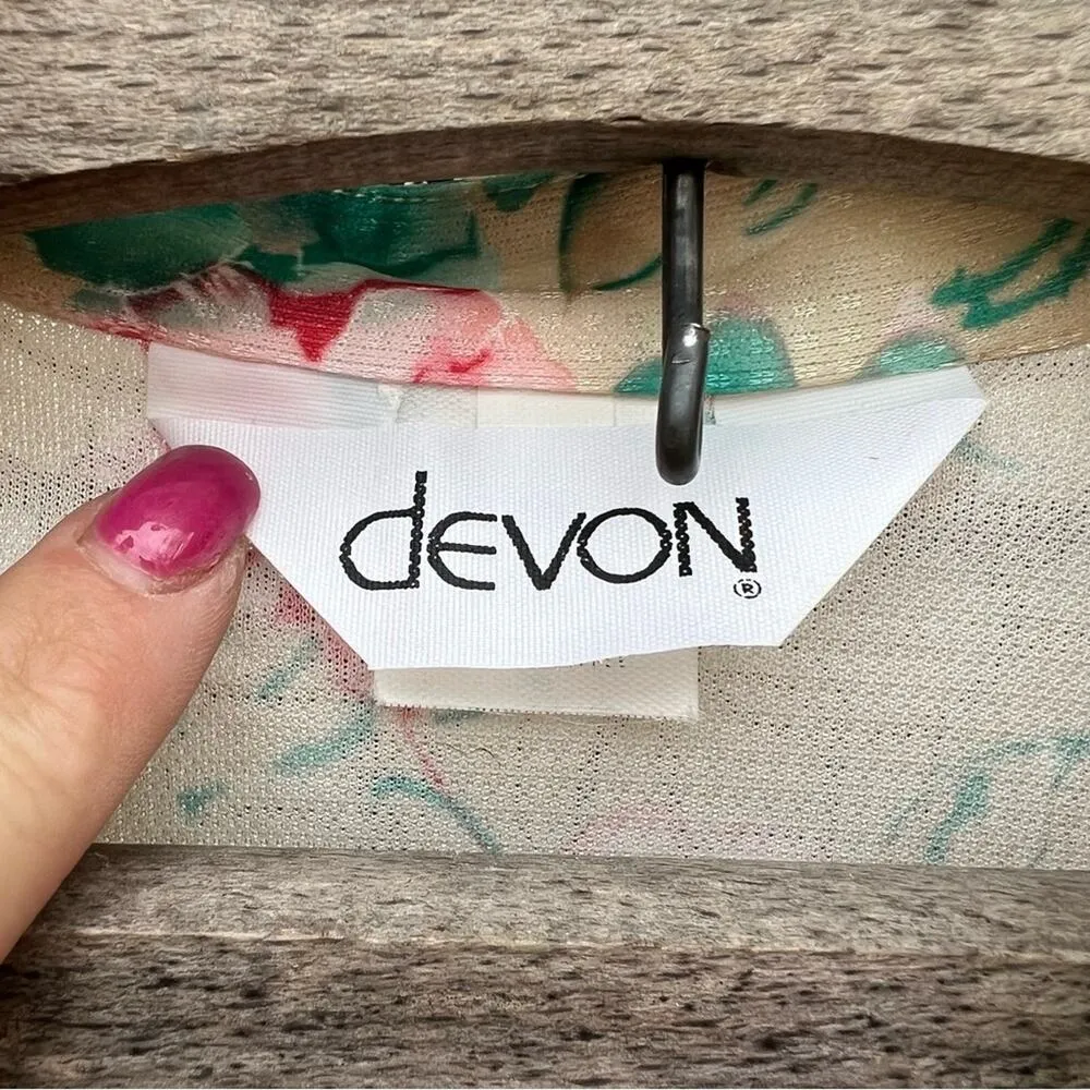 Vintage 60s DEVON butter cream pink green floral button down polyester blouse Size M - Image 4