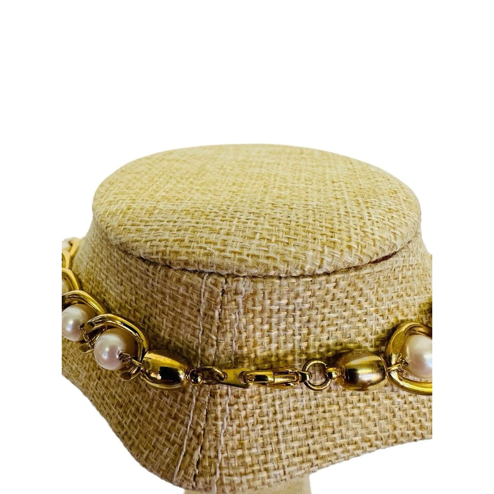 Vintage‎ Gold Tone Chunky Heavy Gold Link w/Faux Pearl 16" Necklace - Image 2