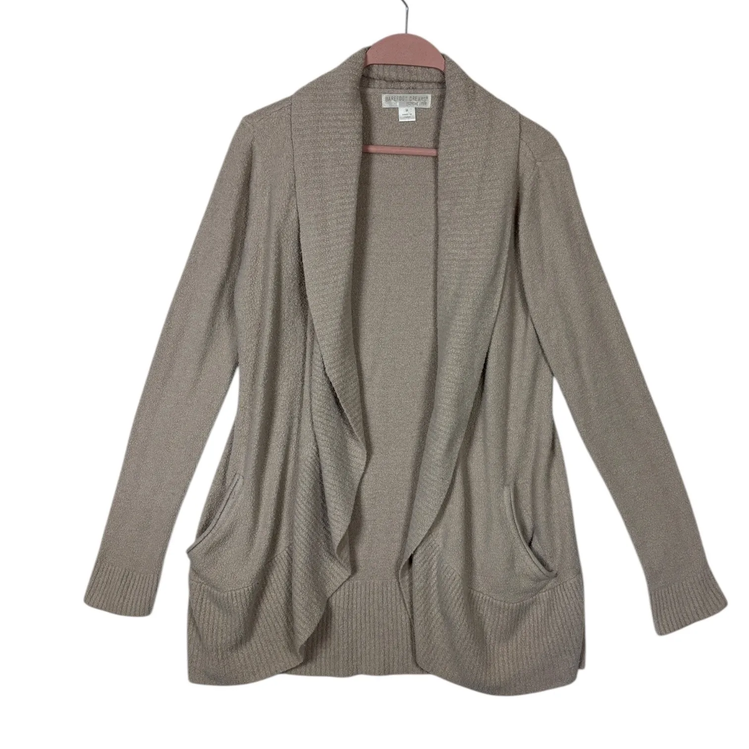Barefoot Dreams CozyChic Lite Cardigan Shawl Collar Drape Pockets Beige Tan sz M - Image 3